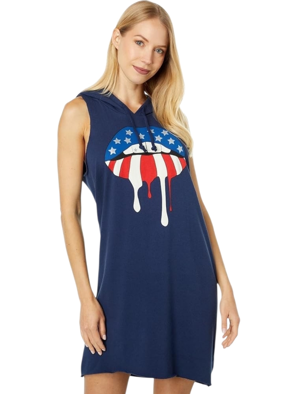 Chaser American Flag Lips Hoodie Dress Blue Y2K Festival Patriotic S NWT